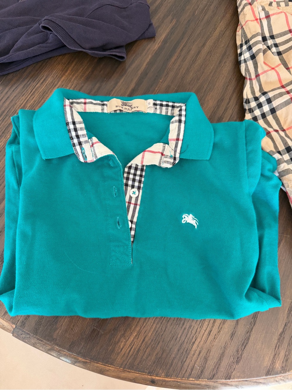 Burberry Teal Polo Shirt with Contrast Plaid Trim